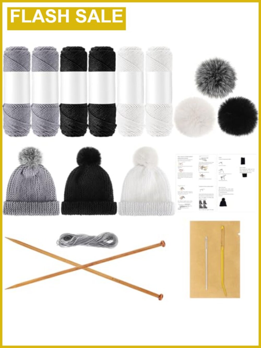 Knitting Kit for Adults Beginners 6 Yarns Bamboo Needles Faux Pom